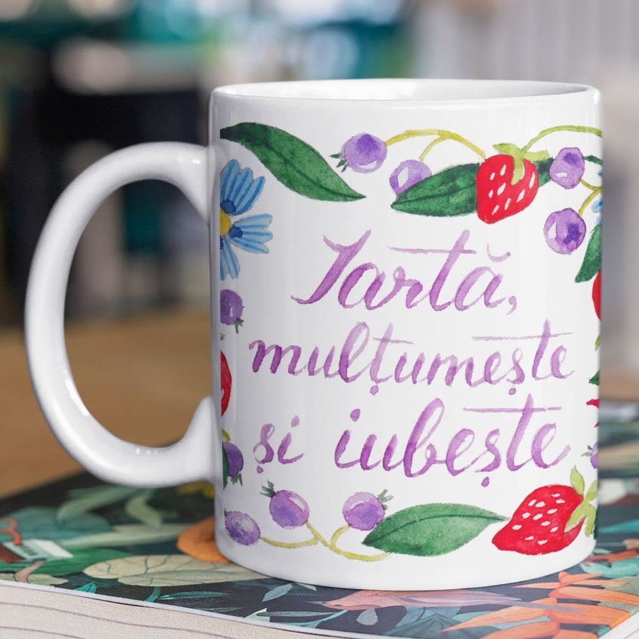 Cană ilustrată din ceramică "Iartă, mulțumește și iubește" - imagine 1