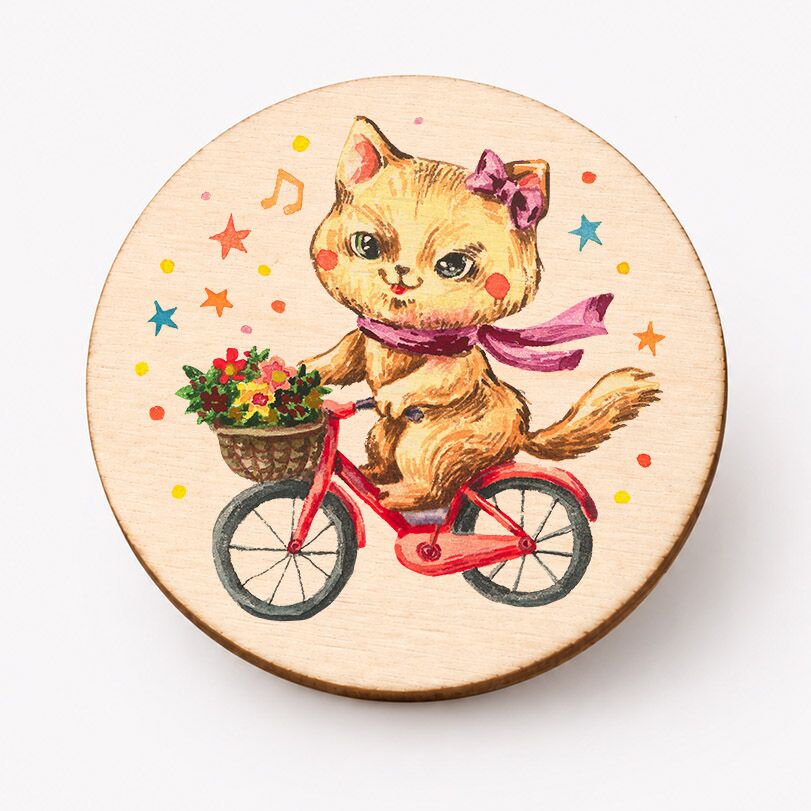 Broșă veselă "Pisică pe bicicletă" - imagine 1